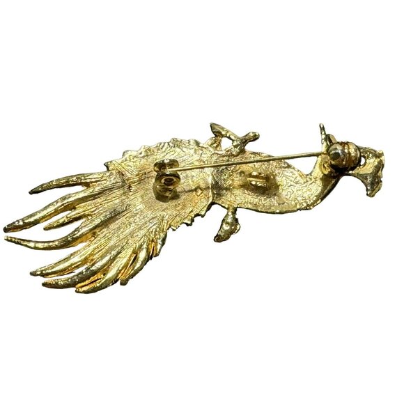 Peacock Enamel Bird Brooch Pin Gold & Black Enamel With Rhinestone Eye - Picture 2 of 2